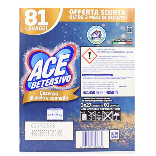 ACE DETERSIVO LIQUIDO BUCATO LAVATRICE ESSENZA DI MELA E CANNELLA 3 PEZZI DA 27 LAVAGGI