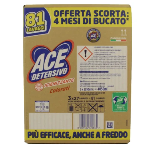 ACE DETERSIVO LIQUIDO LAVATRICE IGIENIZZANTE COLORATI 3 PEZZI DA 27 LAVAGGI
