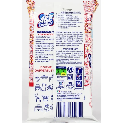 ACE SALVIETTE IGIENIZZANTI CON ALCOOL SENZA CANDEGGINA 40 PZ