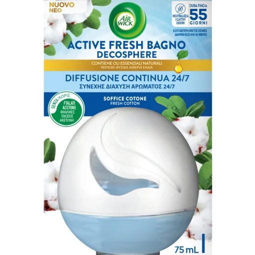 AIRWICK ACTIVE FRESH BAGNO DECOSPHERE EMANATORE LIQUIDO SOFFICE COTONE 75 ML