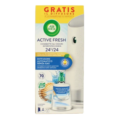AIRWICK ACTIVE FRESH DIFFUSORE ELETTRICO AUTOMATICO COMPLETO BASE + RICARICA 228 ML + BATTERIE FRAGRANZA BREZZA MARINA e MAGNOLIA