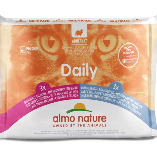 ALMO NATURE DAILY GATTO 6 BUSTE DA 70 GRAMMI > 3 CON TONNO e SALMONE - 3 CON MERLUZZO e GAMBERETTI