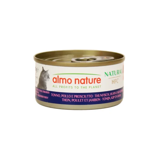 ALMO NATURE GATTI NATURAL TONNO-POLLO-PROSCIUTTO LATTINA 70 GRAMMI HFC NATURAL
