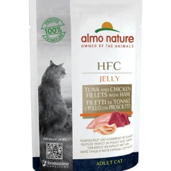 ALMO NATURE JELLY HFC GATTO BUSTA FILETTI DI TONNO E POLLO CON PROSCIUTTO 55 GRAMMI