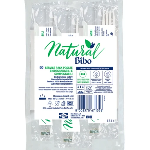 BIBO NATURAL 50 BIS FORCHETTA - COLTELLO - TOVAGLIOLO 29x29 BIODEGRADABILI E COMPOSTABILI