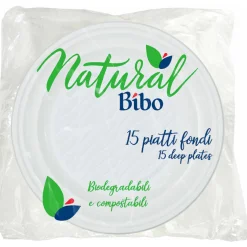 BIBO NATURAL 15 PIATTI FONDI 21,5 CM DIAMETRO BIODEGRADABILI e COMPOSTABILI