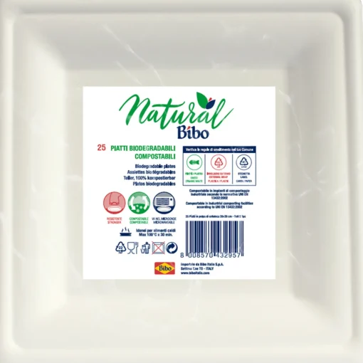 BIBO NATURAL 25 PIATTI QUADRATI DM 20 cm BIODEGRADABILI e COMPOSTABILI