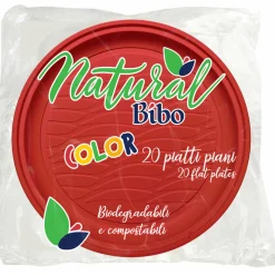 BIBO NATURAL COLOR PIATTI PIANI ROSSI 21,5 DM BIODEGRADABILI e COMPOSTABILI 20 PEZZI
