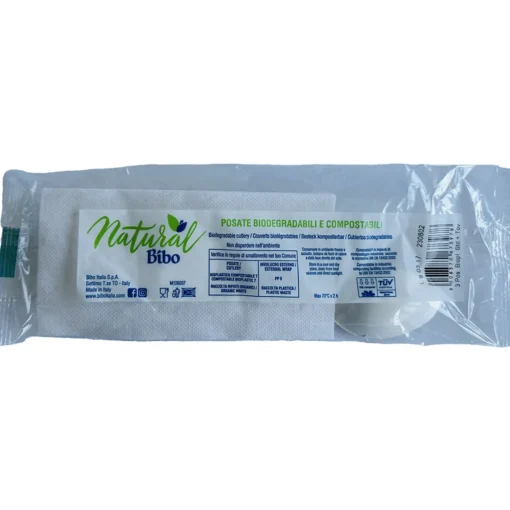 BIBO NATURAL TRIS BIANCO POSATE FORCHETTA, COLTELLO, CUCCHIAIO, TOVAGLILO 30x30 1 VELO BIODEGRADABILI e COMPOSTABILI