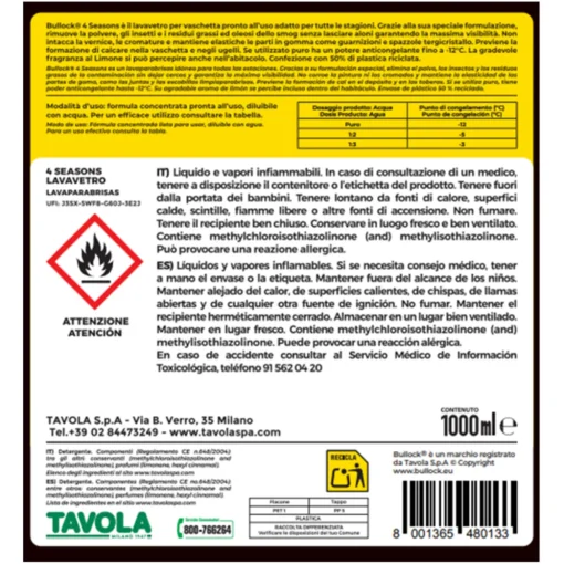 BULLOCK LAVAVETRO 4 SEASONS DETERGE E SGRASSA SENZA ALONI 1 LITRO