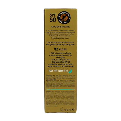 BYRON BAY AUSTRALIA TAN ACTIVATOR LOZIONE IN TUBO SPF50 HYDRATING WATER RESISTANT TRAVEL 100 ML