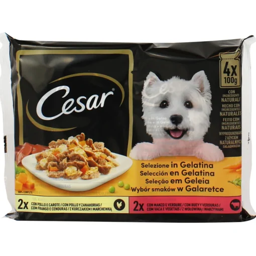 CESAR SELEZIONE IN GELATINA > POLLOeCAROTE - MANZOeVERDURE 4 BUSTE DA 100 grammi