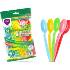 CLENDY HOME&CARE CUCCHIAI DI PLASTICA RIUTILIZZABILI SET ARCOBALENO BUSTA 25 PEZZI
