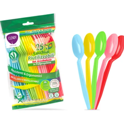 CLENDY HOME&CARE CUCCHIAI DI PLASTICA RIUTILIZZABILI SET ARCOBALENO BUSTA 25 PEZZI