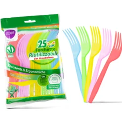 CLENDY HOME&CARE FORCHETTE DI PLASTICA RIUTILIZZABILI SET ARCOBALENO BUSTA 25PEZZI