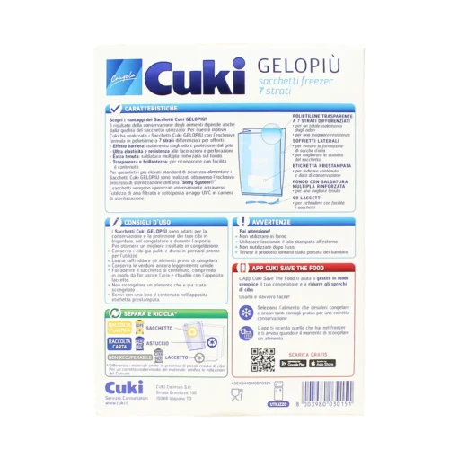 CUKI GELOPIÙ MAXI SCORTA SACCHETTI FREEZER CONFEZIONE SCORTA - FORMATO PICCOLO - 60 SACCHETTI - LT 1.5 - CM 18X28