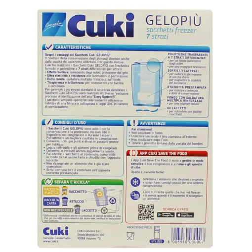 CUKI GELOPIÙ SACCHETTI FREEZER - FORMATO PICCOLISSIMO - 40 SACCHETTI - LT 0.7 - CM 17X22