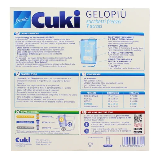 CUKI GELOPIÙ SACCHETTI FREEZER - FORMATO GRANDE - 15 SACCHETTI - LT 6.0 - CM 29X42