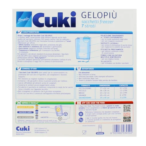 CUKI GELOPIÙ SACCHETTI FREEZER - FORMATO GRANDISSIMO - 10 SACCHETTI - LT 11.0 - CM 35X50