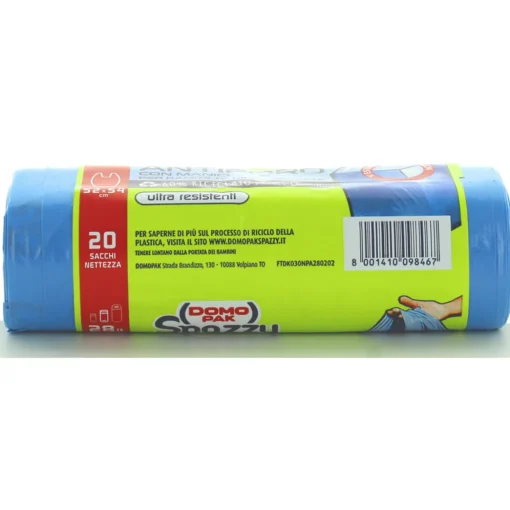 DOMOPAK SPAZZY - SACCHI NETTEZZA ANTIFORO CON MANICI - 20 SACCHI CASALINGHI BLU PER PATTUMIERA MEDIA 28LT - CM 52X54