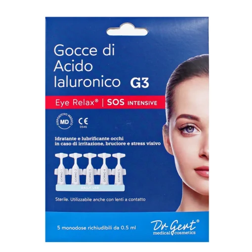 Dr.GERT GOCCE OCCHI EYE RELAX G3. GOCCE DI ACIDO IALURONICO 5 FLACONI MONODOSE x 0,5 ML. STERILE. IDRATANTE E LUBRIFICANTE.