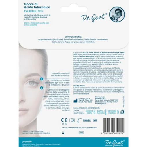 Dr.GERT GOCCE OCCHI EYE RELAX G3. GOCCE DI ACIDO IALURONICO 5 FLACONI MONODOSE x 0,5 ML. STERILE. IDRATANTE E LUBRIFICANTE.