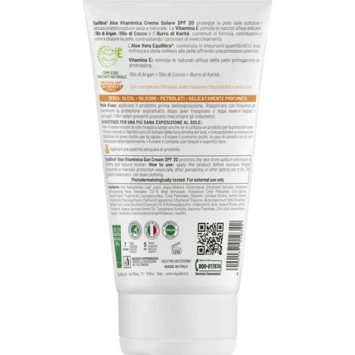 EQUILIBRA ALOE SOLARE CREMA SOLARE SPF20 PROTEZIONE MEDIA RESISTENTE ALL'ACQUA TUBO 150 ML