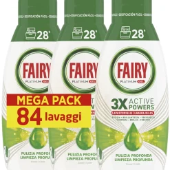 FAIRY PLATINUM GEL LAVASTOVIGLIE 3 X ACTIVE POWERS PULIZIA PROFONDA 28 LAVAGGI 504 ML x 3 PEZZI