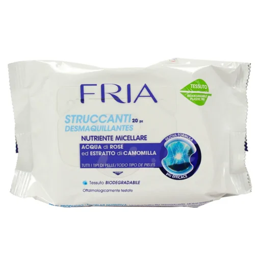 FRIA 20 SALVIETTE STRUCCANTI NUTRIENTE MICELLARE ACQUA DI ROSE ED ESTRATTO DI CAMOMILLA PER TUTTI I TIPI DI PELLE
