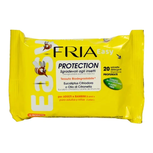 FRIA EASY ZANZARE 20 SALVIETTE PROTECTION ADULTI E BAMBINI 3 ANNI+ EUCALYPTUS CITRIODORA e OLIO DI CITRONELLA