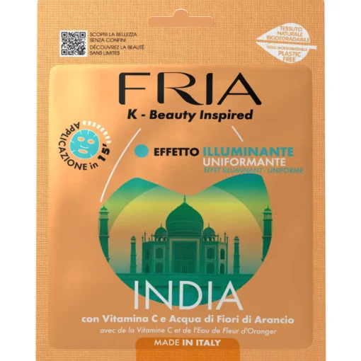 FRIA MASCHERA VISO IN TESSUTO NATURALE BIO ILLUMINANTE UNIFORMANTE INDIA CON VITAMINA C e ACQUA DI FIORI DI ARANCIO