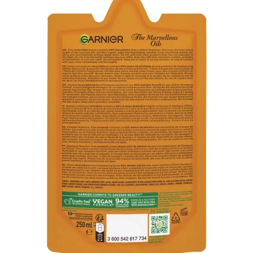 GARNIER ULTRA DOLCE SHAMPOO RICARICA POUCHES OLIO MERAVIGLIOSO ARGAN E CAMELIA 250 ML