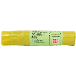GEL SAC 15 SACCHI PATTUMIERA IN POLIETILENE MISURA 55x65 CON MANIGLIA GIALLO TRASPARENTE PROFUMATO IN ROTOLO