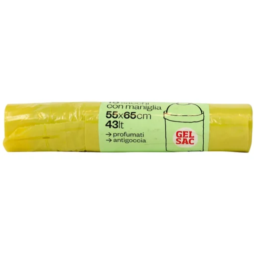 GEL SAC 15 SACCHI PATTUMIERA IN POLIETILENE MISURA 55x65 CON MANIGLIA GIALLO TRASPARENTE PROFUMATO IN ROTOLO