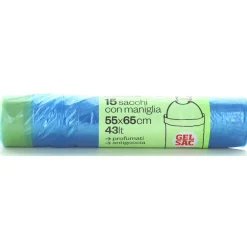 GEL SAC 15 SACCHI PATTUMIERA IN POLIETILENE MISURA 55x65 CON MANIGLIE AZZURRO TRASPARENTE PROFUMATO IN ROTOLO