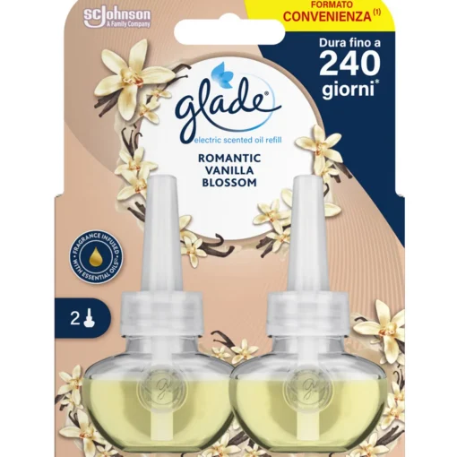 GLADE ELECTRIC ESSENTIAL OIL 2 RICARICHE LIQUIDE DA 20 ML ROMANTIC VANILLA BLOSSOM DURATA 240 GIORNI per DIFFUSORE ELECTRIC