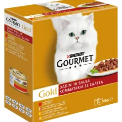 GOURMET GOLD DADINI 8 SCATOLETTE DA 85 GRAMMI > 2 MANZO - 2 TACCHINOeANATRA - 2 POLLOeFAGATO - 2 SALMONEePOLLO
