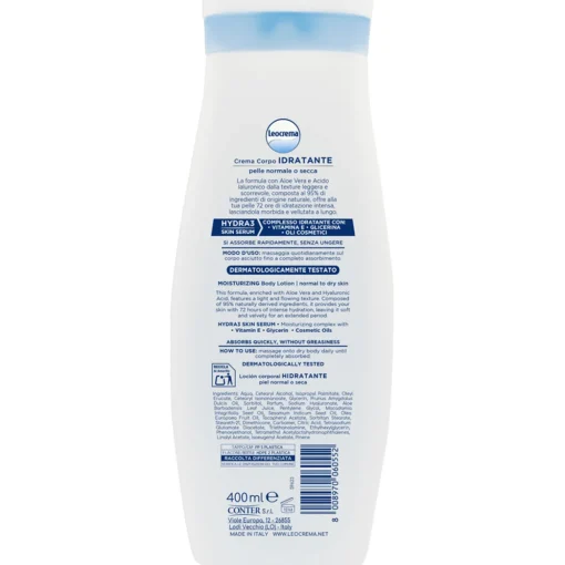 LEOCREMA FLUIDA CREMA CORPO IDRATANTE ALOE VERA e ACIDO IALURONICO PELLE MORMALE o SECCA 400 ML