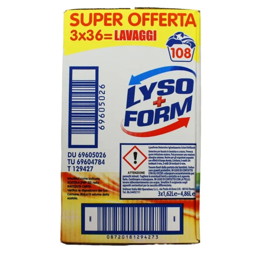 LYSOFORM DETERSIVO IGIENIZZANTE COLORI BRILLANTI 3 PEZZI DA 36 LAVAGGI=108