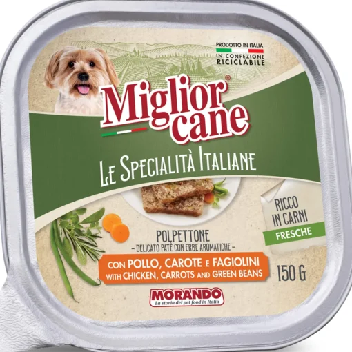 MIGLIOR CANE LE SPECIALITA' ITALIANE POLPETTONE PATE' CON POLLO, CAROTE e FAGIOLINI VASCHETTA 150 grammi