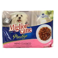 MIGLIOR CANE PRESTIGE BOCCONCINI MENU' CLASSICO 4 BUSTE DA 100 GRAMMI: 2 BUSTE MANZO - 2 BUSTE POLLO E TACCHINO