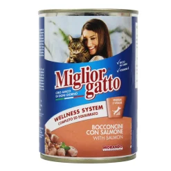 MIGLIOR GATTO BOCCONCINI SALMONE BARATTOLO A STRAPPO 405 GRAMMI