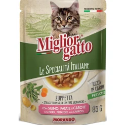 MIGLIOR GATTO LE SPECIALITA' ITALIENE ZUPPETTA CON STRACCETTI DI SUINO - PATATE - CAROTE BUSTA 85 grammi