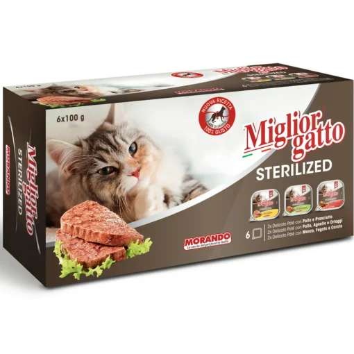 MIGLIOR GATTO STERILIZED VASCHETTE 6x100 GR. 2 POLLO E PROSCIUTTO, 2 POLLO AGNELLO E ORTAGGI, 2 MANZO FEGATO E CAROTE