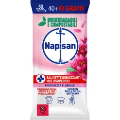 NAPISAN 50 SALVIETTE (40+10 GRATIS) BIODEGRADABILI E COMPOSTABILI IGIENIZZANTI MULTISUPERFICI FRESCHEZZA FLOREALE