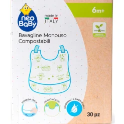 NEO BABY BAVAGLINE MONOUSO COMPOSTABILI CON TASCA E PRATICI ADESIVI 6 MESI+  30 BAVAGLINE