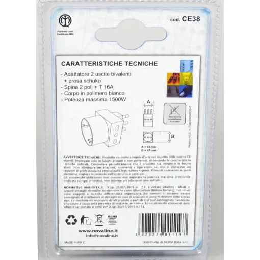 NOVALINE ADATTATORE 3 USC/2 PRE/1SCHUKO T10/16AMP