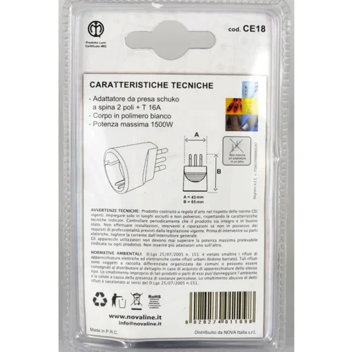 NOVALINE ADATTATORE PRESA SCHUKO 2 POLI+ T16AMP
