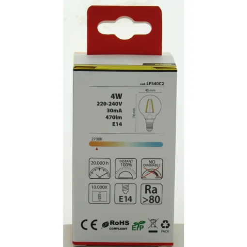 NOVALINE LAMPADINA LED FILAMENTO SFERA 4W=40W E14 RISPARMIO ENERGETICO 89%