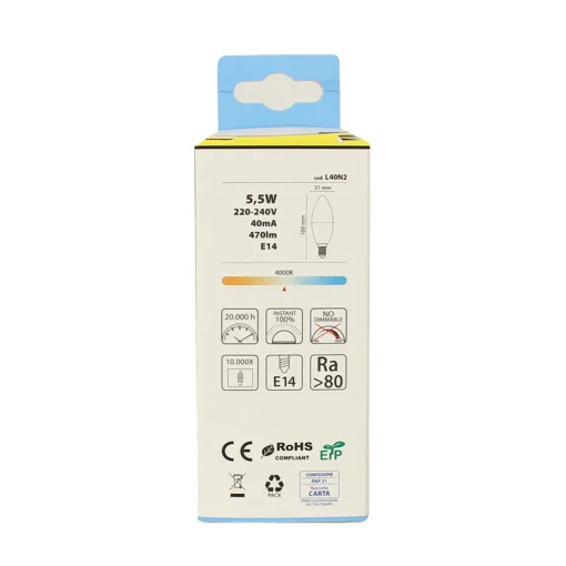 NOVALINE LAMPADINA LED OLIVA 5,5W=40W E14 RISPARMIO ENERGETICO 86%